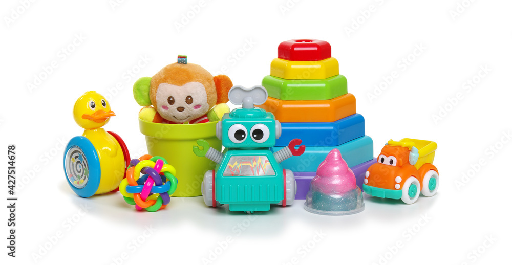 Many colorful toys isolated on white