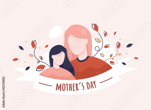 Happy mother's day vector illustration with mom and daughter in flat design. Pink and red. Eps 10
