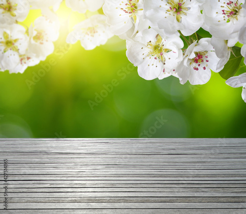 wooden table spring blossom