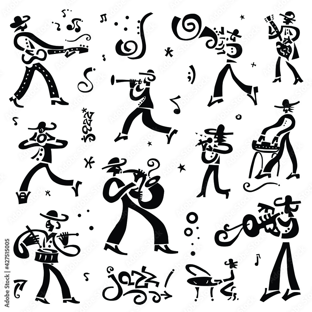 jazz band musicians doodle set