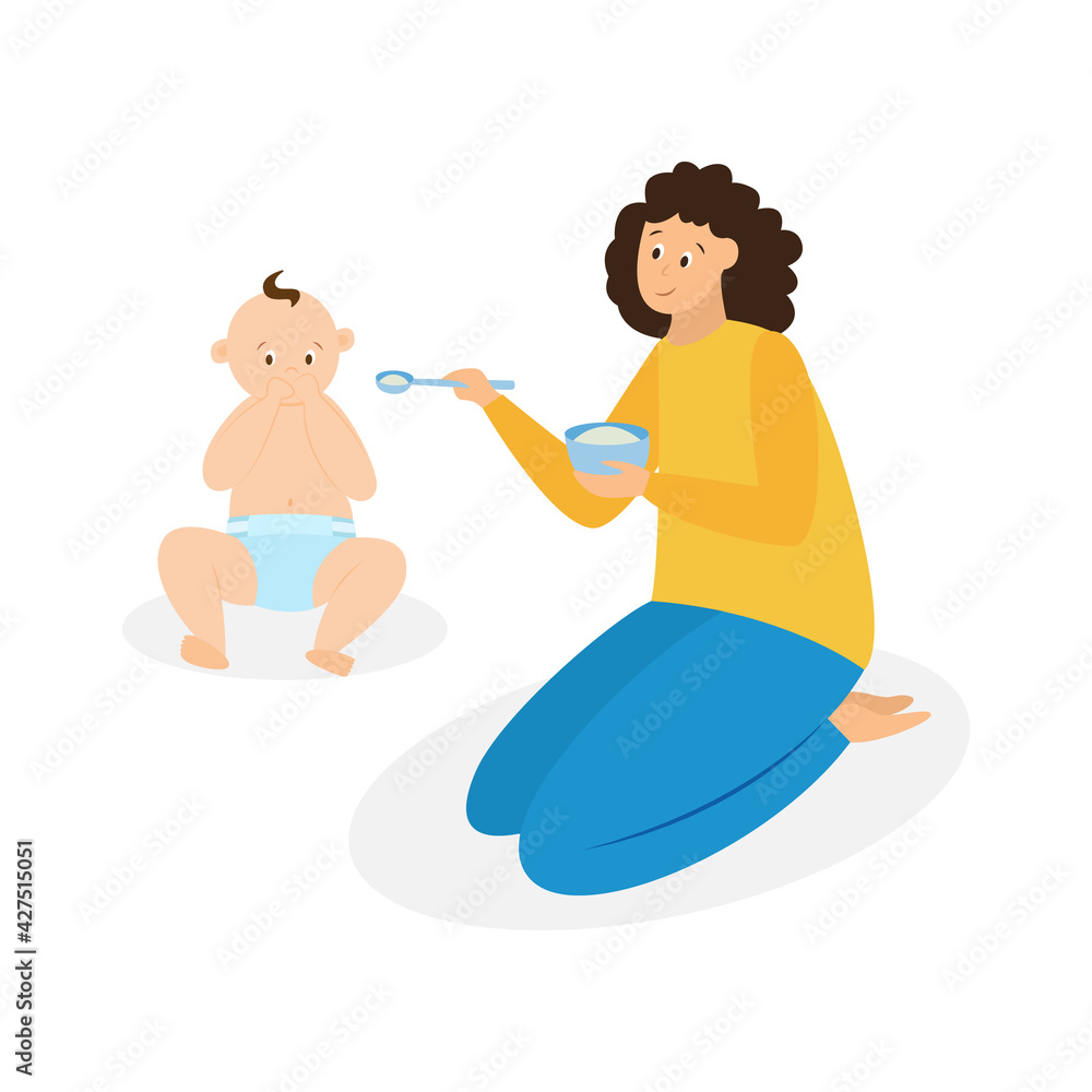 Mother feeds her baby sitting on the floor, flat vector illustration isolated.