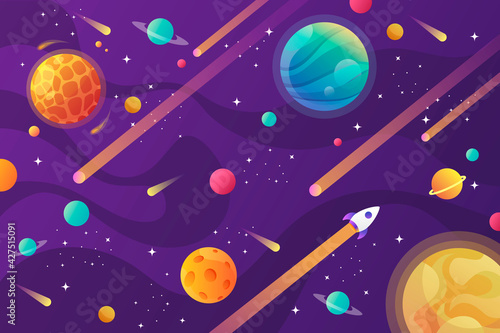 Cartoon space background with abstract shape and planets. Falling asteroids. Purple background. Vector illustration.