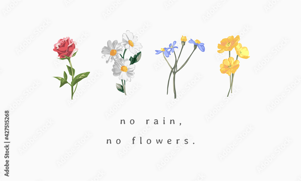 no rain, no flowers slogan with colorful wild flowers vector