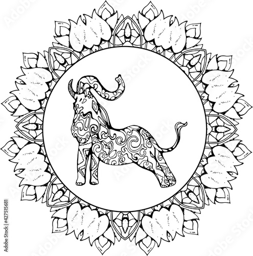 Elephant in a yoga pose ornamental in spirals. Mandala ornament.