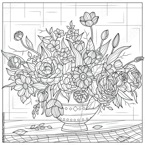 Bouquet of flowers in a vase.Coloring book antistress for children and adults. Illustration isolated on white background.Zen-tangle style. Hand draw