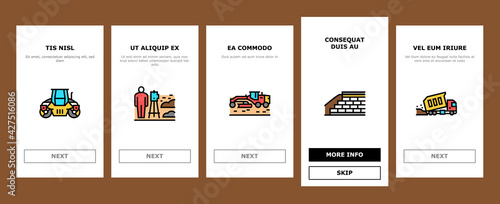 Road Construction Onboarding Mobile App Page Screen Vector. Gravel Crushed Stone Road And Asphalt, Embankment And Strengthening Of Slopes, Bridge And Drainage Illustrations