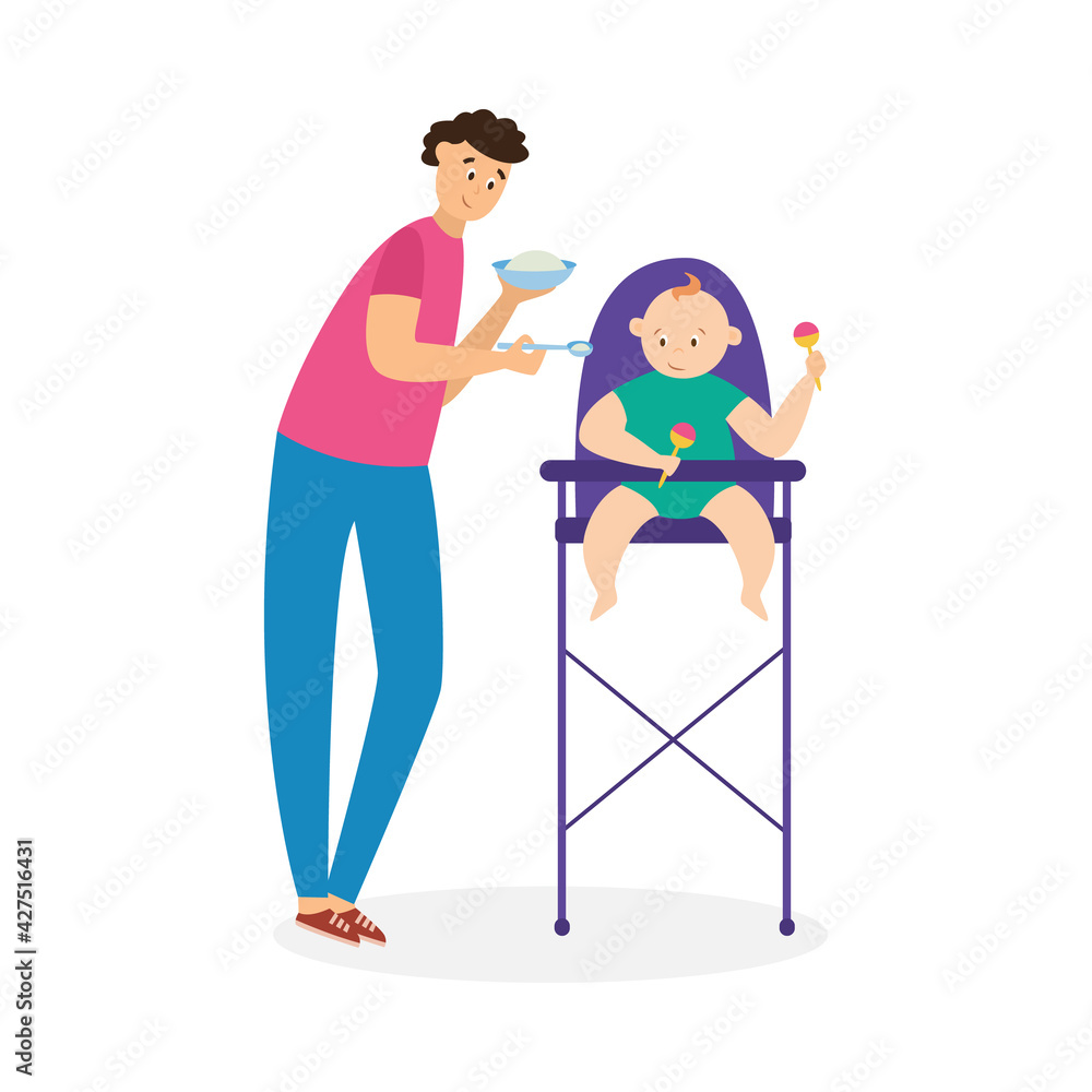 Father care feeding with spoon little child sitting in highchair on kitchen Father care feeding with spoon little child sitting in highchair on kitchen