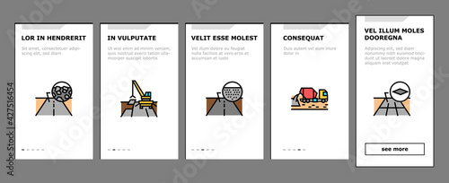 Road Construction Onboarding Mobile App Page Screen Vector. Gravel Crushed Stone Road And Asphalt, Embankment And Strengthening Of Slopes, Bridge And Drainage Illustrations