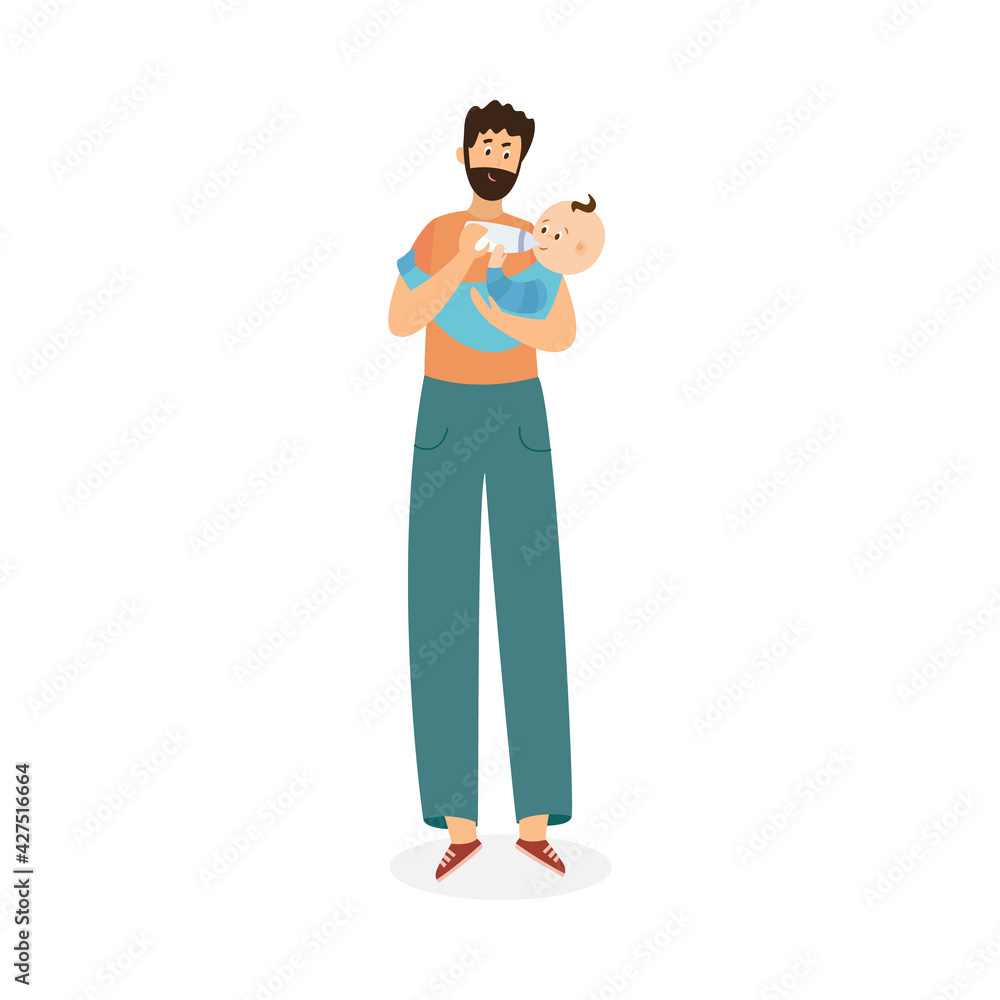 Father feeds the baby from a bottle, flat vector illustration isolated. Father feeds the baby from a bottle, flat vector illustration isolated.