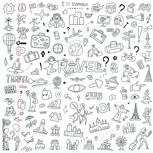 travel , transportation - doodles, sign and symbol set