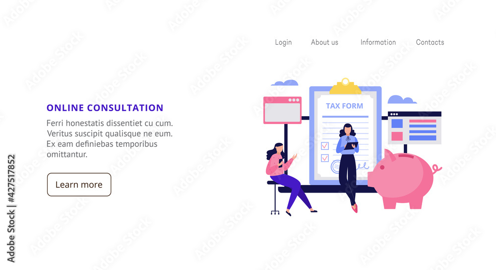 Online tax consultation website with tiny people, flat vector illustration.