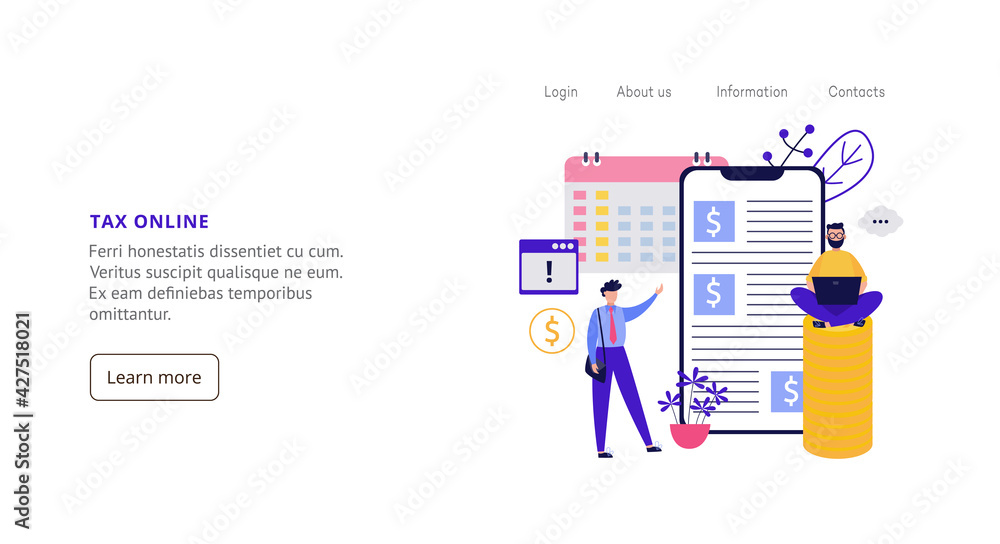 Online tax and accounting business website banner. Cartoon people using money app Online tax and accounting business website banner. Cartoon people using money app