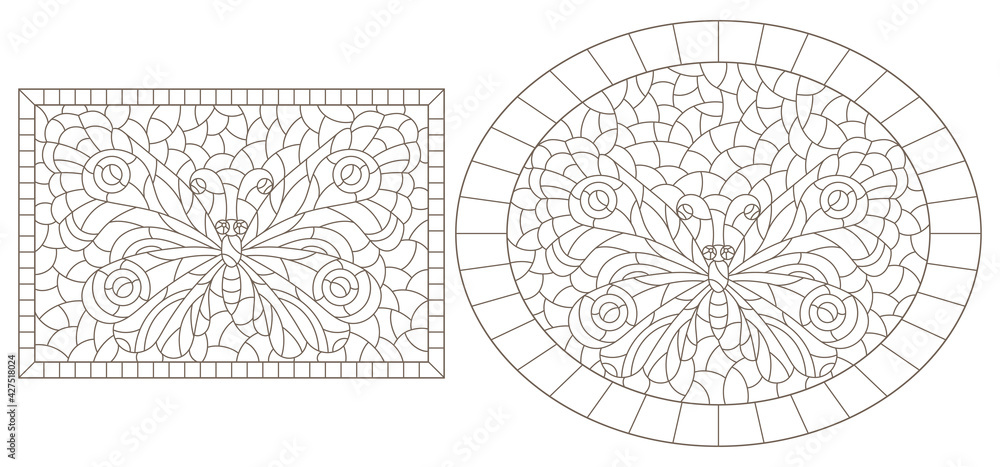Set of contour illustrations in stained glass style with butterflies in frames, dark contours on a white background Set of contour illustrations in stained glass style with butterflies in frames, dark contours on a white background