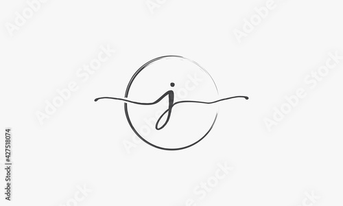 J handwritten logo with circle paint brush design vector.