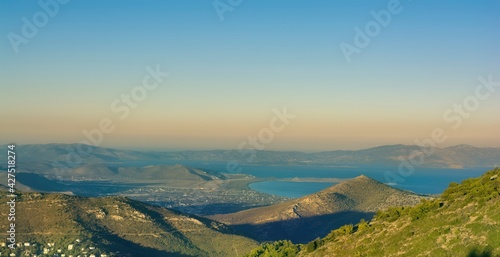 Fototapeta Naklejka Na Ścianę i Meble -  Panoramic photo of beach near Nea Makri as seen from Penteli mountain, Attica, Greece