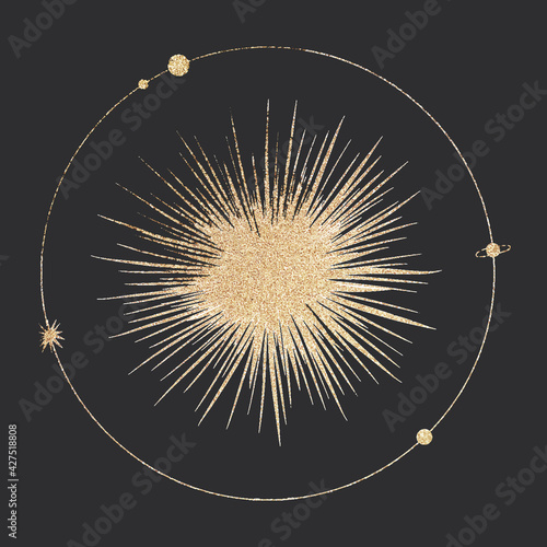 chic golden luxurious retro vintage engraving style. image of the sun and moon phases. culture of accultism. Vector graphics