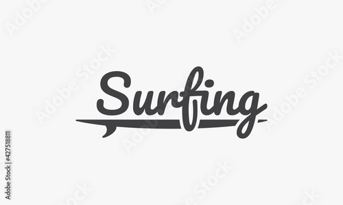 surfing text with surfboard design vector illustration.