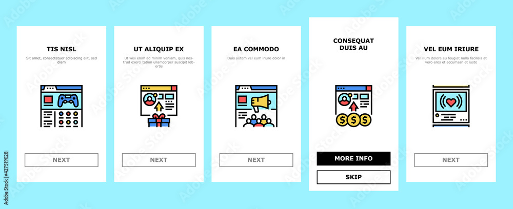 Fototapeta premium Internet Social Media Onboarding Mobile App Page Screen Vector. Social Media Page Registration And Internal Communication, User Profile And Purchases Illustrations