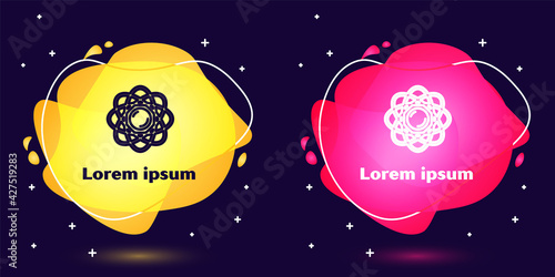 Set line Atom icon isolated on blue background. Symbol of science, education, nuclear physics, scientific research. Abstract banner with liquid shapes. Vector