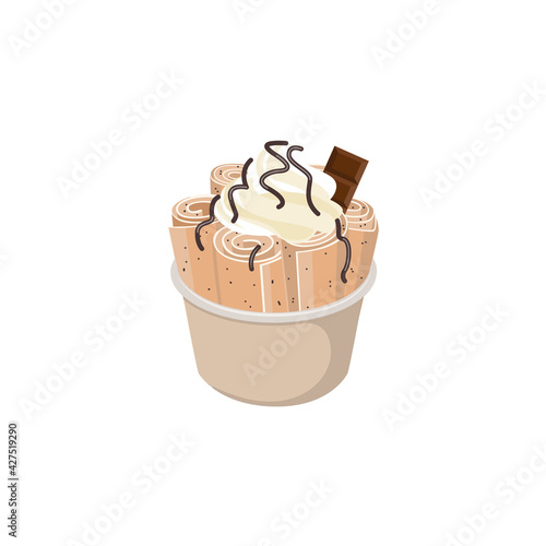 Thai stir-fried ice cream with piece of chocolate, vector illustration isolated.