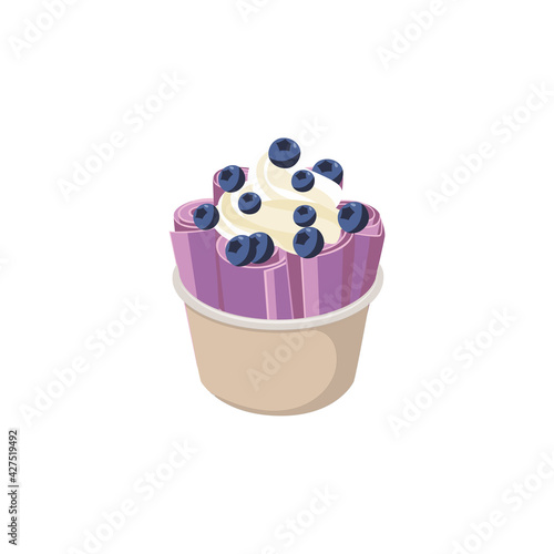 Dessert rolls of ice cream with blueberry berries and whipped cream