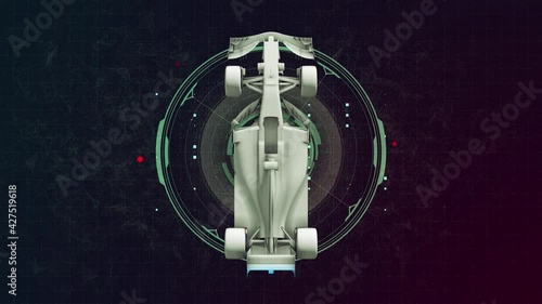 Formula Race Car Hologram Wireframe. Nice 3D Animation on a science background with a seamless loop for futuristics projects