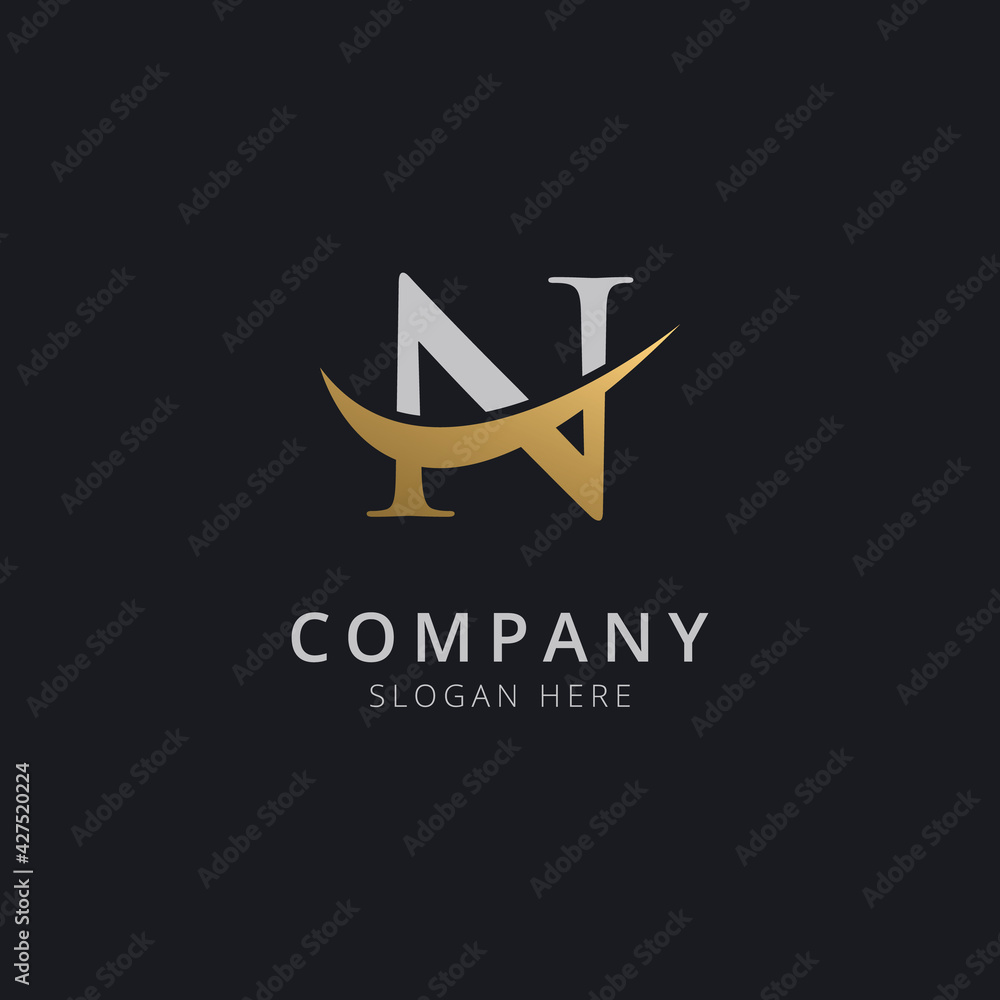 Initial letter N with luxury gold swoosh logo template Initial letter N with luxury gold swoosh logo template