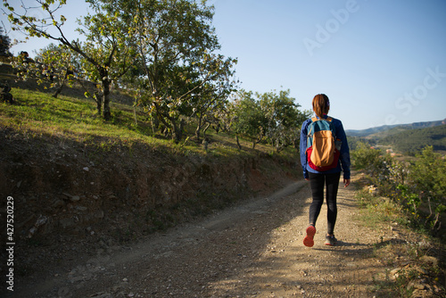 Woman in sportswear and backpack walking through a cherry bush plantation.