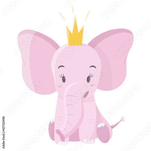 Vector isolated illustration on white background. Cute pink baby elephant with crown. Cartoon animal to decorate children items and backgrounds. © Ekaterina