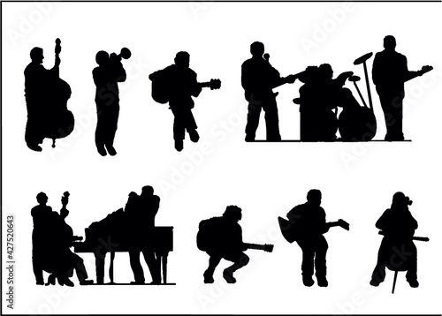 Silhouettes of different musicians playing the guitar, trumped and piano.