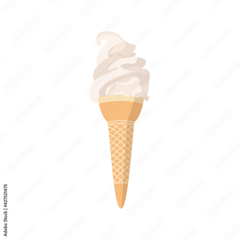 Vanilla flavor tasty ice cream in waffle cone flat vector illustration isolated.