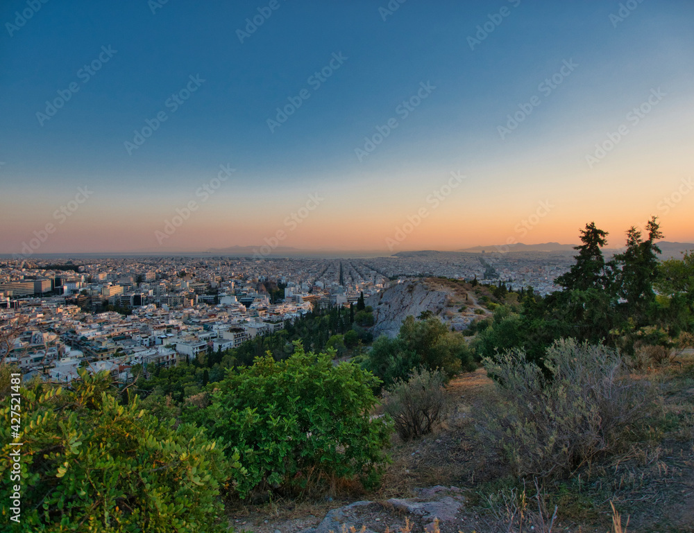 magic hour in Athens Greece, scenic, panoramic view of the urban texture