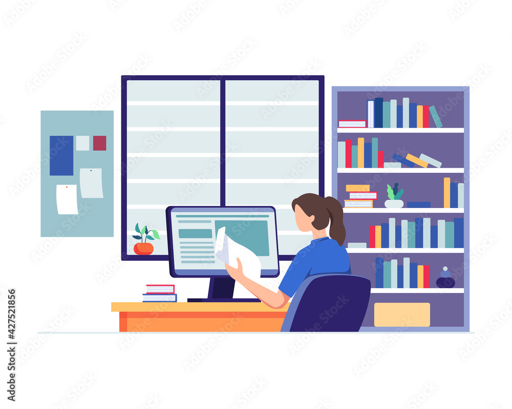 Student character study at computer. Young woman sitting at desk, Looking at computer and studying with book. Woman with school homework, Reading a test, Online education concept. Vector in flat style Student character study at computer. Young woman sitting at desk, Looking at computer and studying with book. Woman with school homework, Reading a test, Online education concept. Vector in flat style