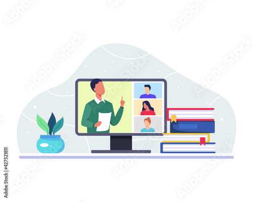 Online class meeting concept. Male teacher teaching his college students via video call app on computer. Virtual class teleconference, Remote education, Learning from home. Vector in a flat style