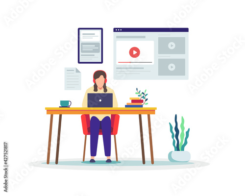 Student learning online concept. Woman sitting at desk, Working on test. Student watching online courses, Distance education, E-learning, Online training. Learning online at home. Vector in flat style