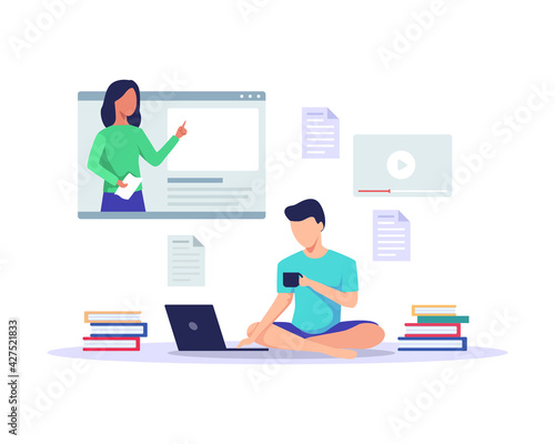 Student learning online at home. Man looking at laptop and studying with mentor explain in online class. Online course, Video lesson, E-learning concept. Distance learning. Vector in a flat style
