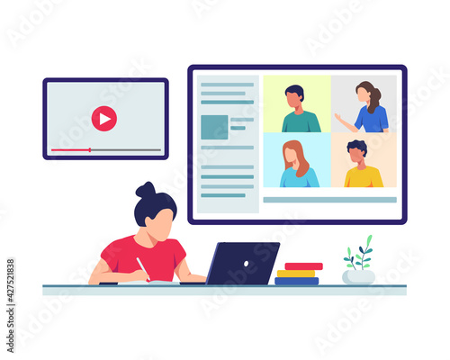Online class vector concept. Young female student sitting with laptop take online class from home. Video call, Web conference with colleagues and friends, Online group meeting. Vector in a flat style