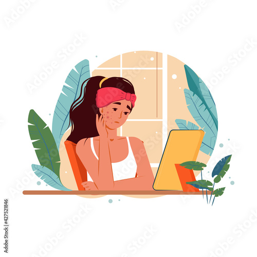 Upset young woman looking at her unhealthy skin with acne in mirror сolorful vector illustration. Skin problems, allergy, acne, pimples, blackheads, face mask, cream. Skincare and dermatology concept.