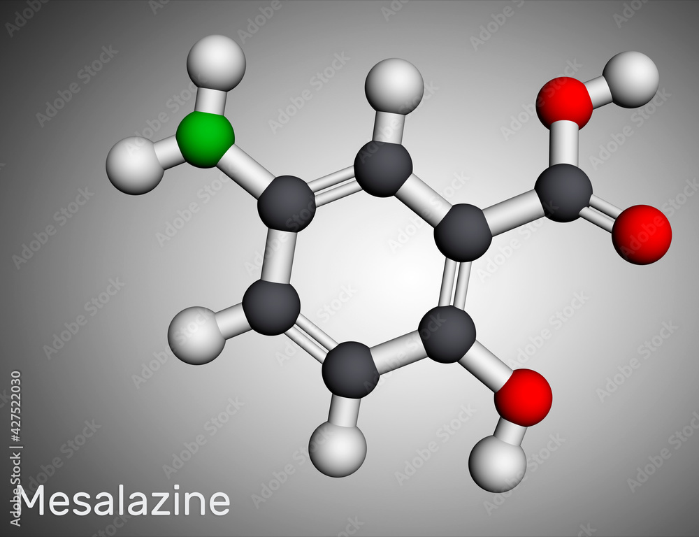 Obraz premium Mesalazine, mesalamine, 5-aminosalicylic acid molecule. It is non-steroidal anti-inflammatory drug, used for treatment of ulcerative colitis,Crohn's disease. Molecular model. 3D rendering