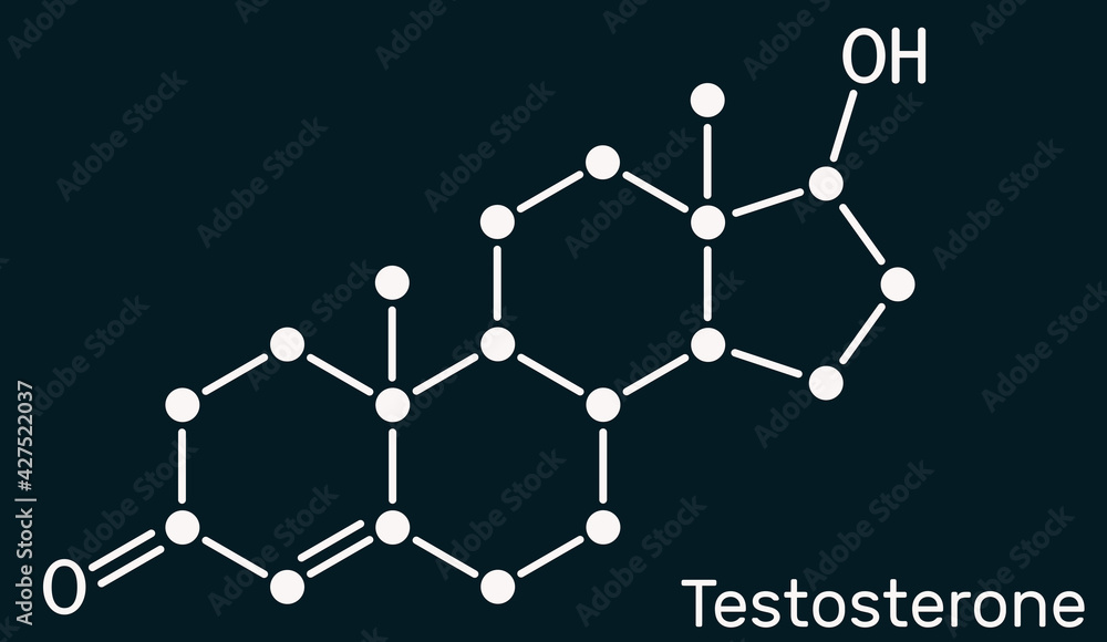 Testosterone, testosteron molecule. It is androgenic steroid sex hormone. Skeletal chemical formula on the dark blue background