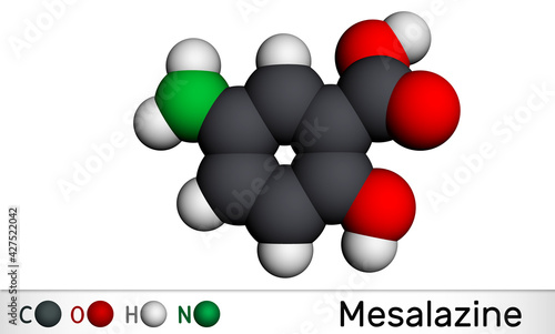 Mesalazine, mesalamine, 5-aminosalicylic acid molecule. It is non-steroidal anti-inflammatory drug, used for treatment of ulcerative colitis,Crohn's disease. Molecular model. 3D rendering photo