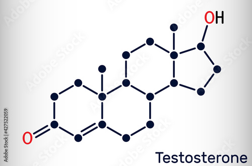 Testosterone, testosteron molecule. It is androgenic steroid sex hormone. Skeletal chemical formula.