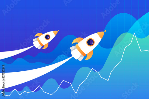 Growing up financial charts. Business analytics. Rockets taking off. Vector illustration. Stocks, investments, crypto currencies. World trade growth. Investment portfolio promotion concept. Quotes.