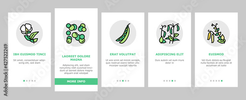 Peas Beans Vegetable Onboarding Mobile App Page Screen Vector. Peas Agricultural Plant And Flower, Boiling And Preserve, Bag And Container Packages Illustrations