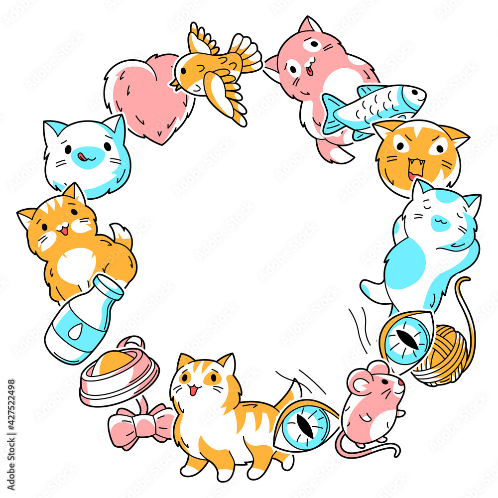 Obraz premium Background with cute kawaii cats. Fun animal illustration.