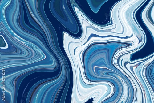 Fluid art texture design. Background with abstract mixing paint effect. Mixed paints for posters or wallpapers. White, blue and golden overflowing colors. Liquid acrylic picture that flows and splashe