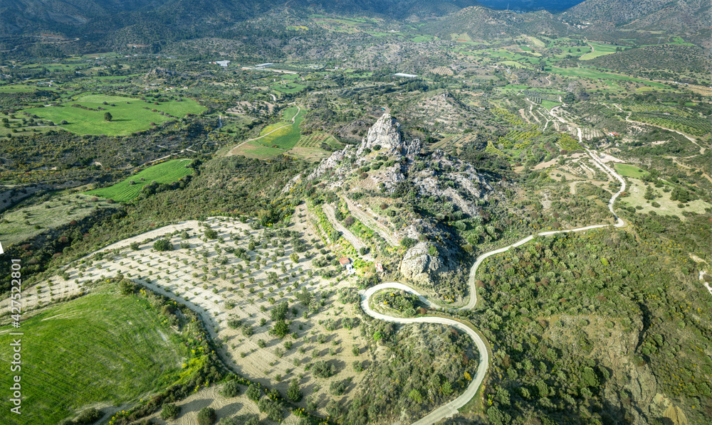 Aerial landscape with river Sirkatis valley and Kourvellos rock in Lefkara area, Cyprus Aerial landscape with river Sirkatis valley and Kourvellos rock in Lefkara area, Cyprus