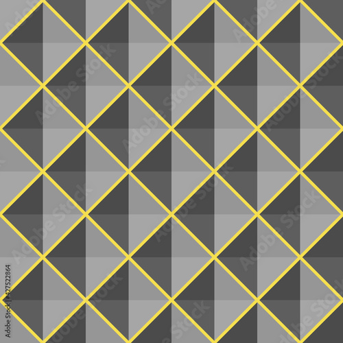 Gray diamond shape square yellow lines. Seamless abstract pattern background. Color trend of 2021. Textured design for fabric, tile, poster, textile, backdrop, flyer, wall. Vector illustration.