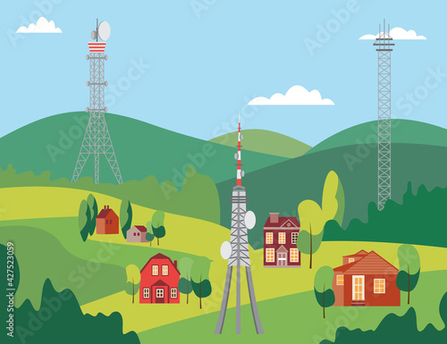 Landscape with telecommunication mobile phone towers, flat vector illustration.