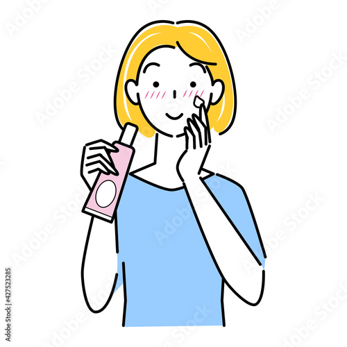 肌荒れになってしまった女性がスキンケアをしてる イラスト シンプルベクター A woman with rough skin is doing skin care. Simple illustration. vector. 